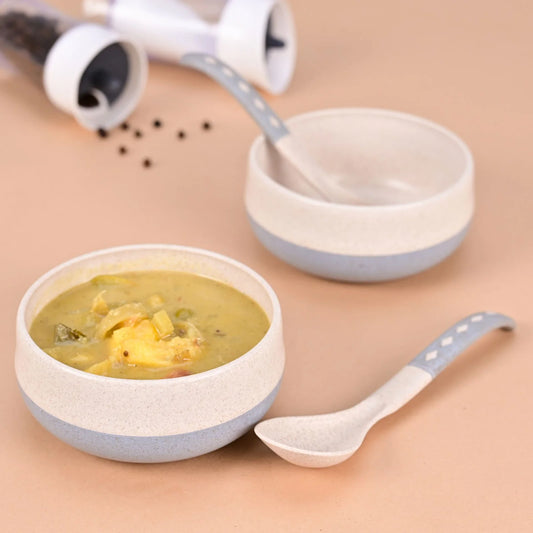Slurp Set – Eco Soup Bowls with Spoons (250ml) | Set of 2 | Microwave Safe | Made with Rice Husk & Bamboo Fiber