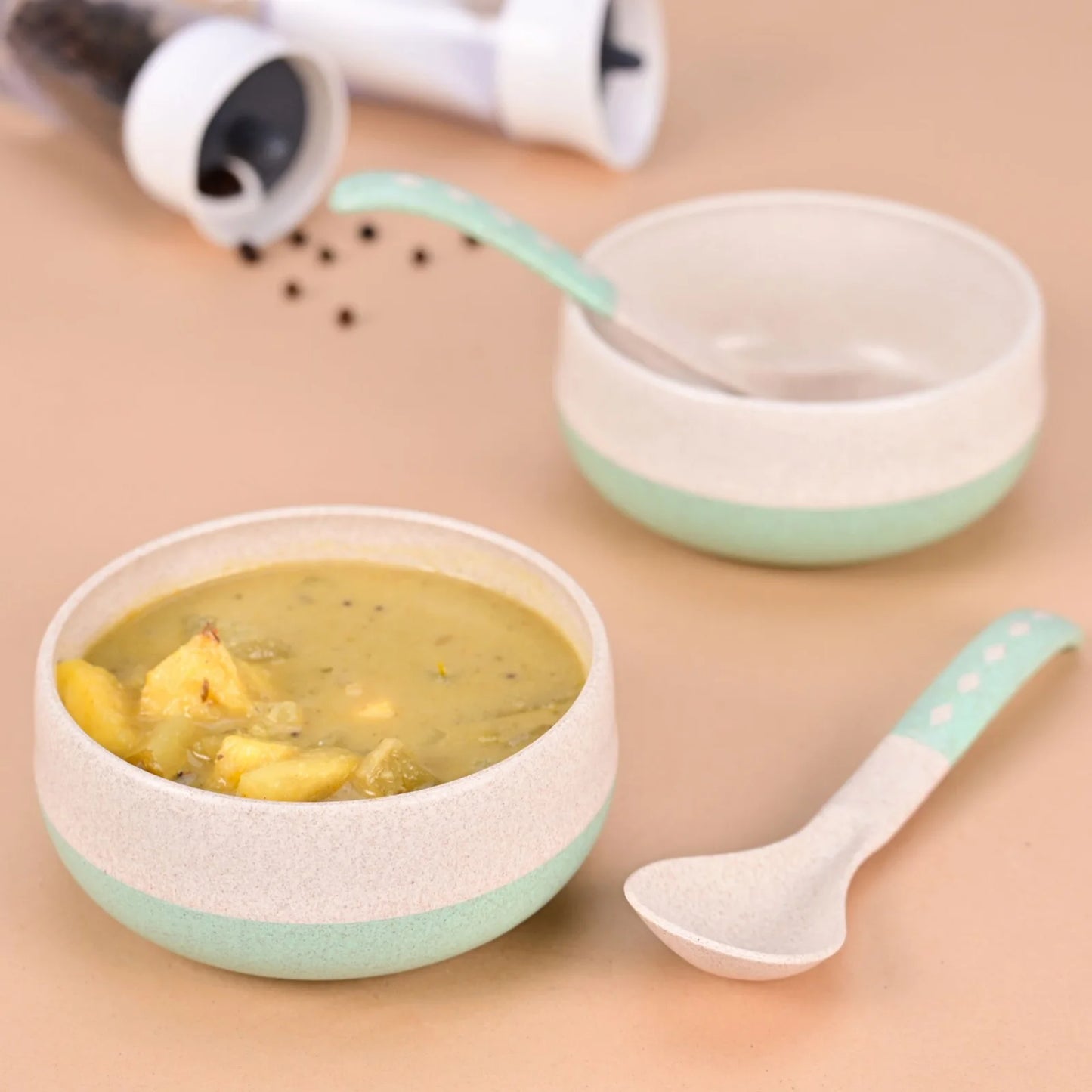 Slurp Set – Eco Soup Bowls with Spoons (250ml) | Set of 2 | Microwave Safe | Made with Rice Husk & Bamboo Fiber