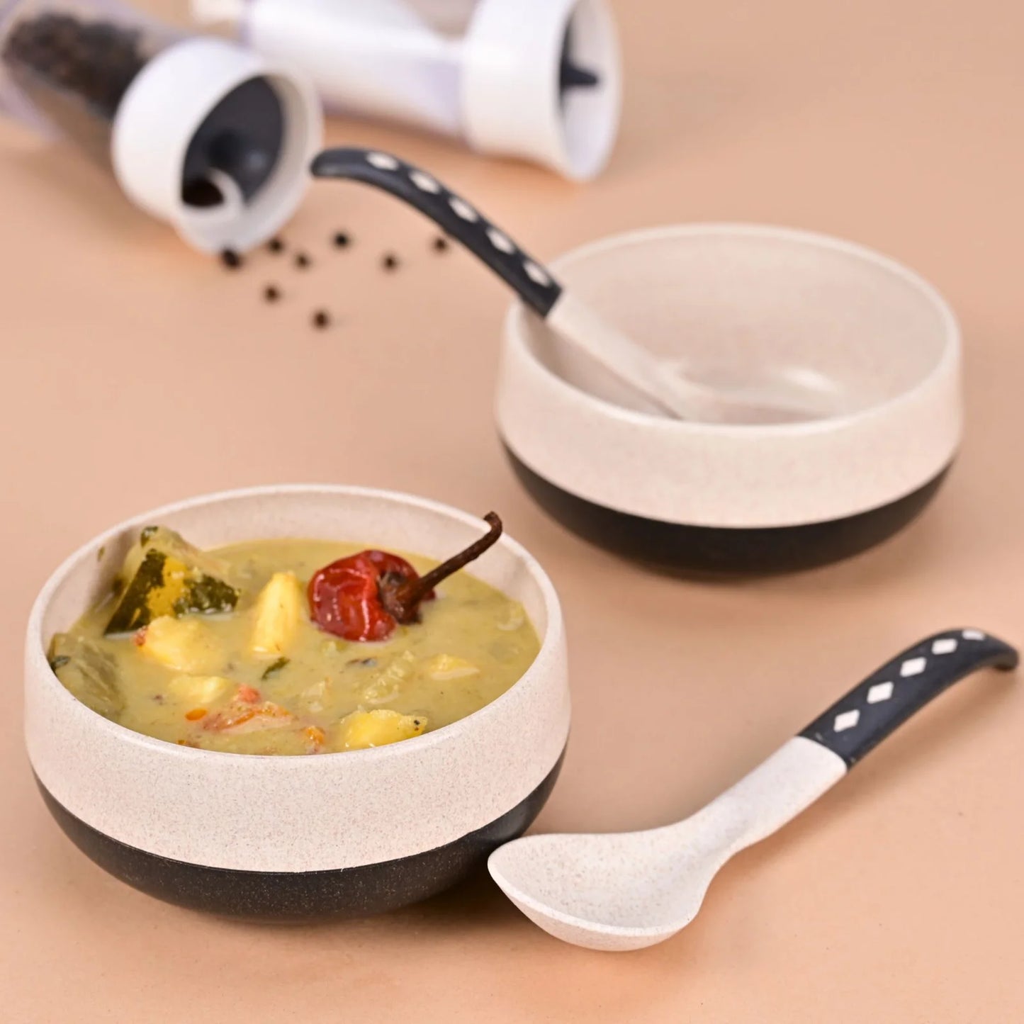 Slurp Set – Eco Soup Bowls with Spoons (250ml) | Set of 2 | Microwave Safe | Made with Rice Husk & Bamboo Fiber