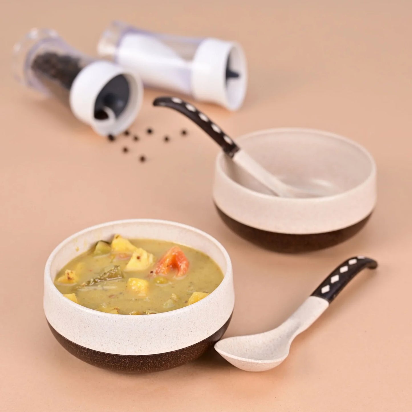 Slurp Set – Eco Soup Bowls with Spoons (250ml) | Set of 2 | Microwave Safe | Made with Rice Husk & Bamboo Fiber