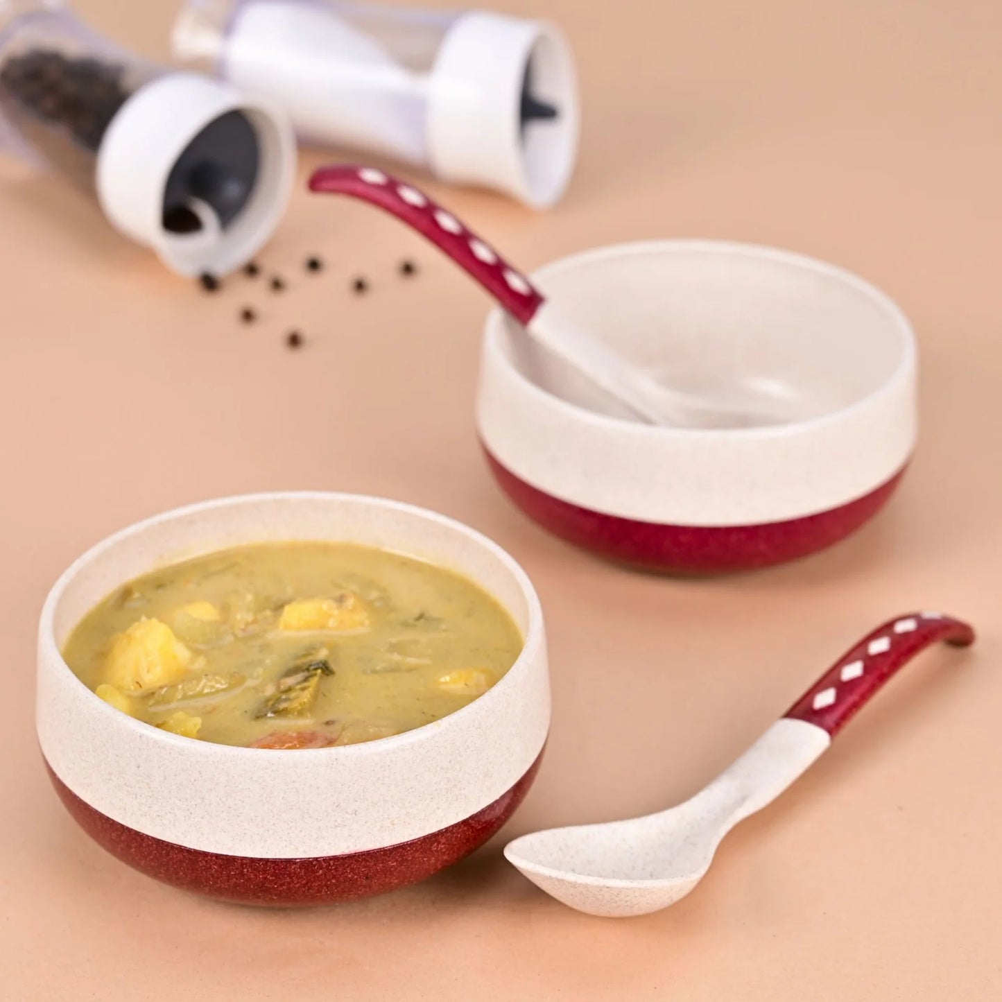 Slurp Set – Eco Soup Bowls with Spoons (250ml) | Set of 2 | Microwave Safe | Made with Rice Husk & Bamboo Fiber