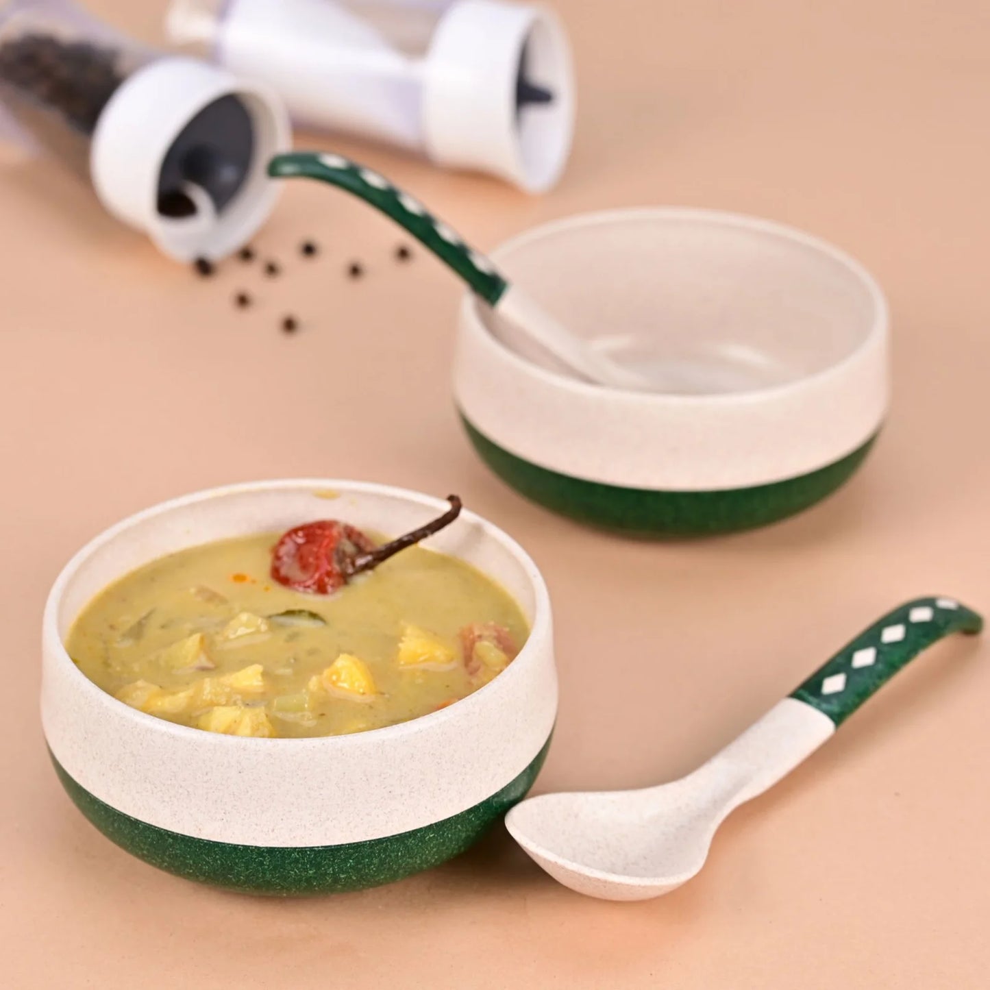 Slurp Set – Eco Soup Bowls with Spoons (250ml) | Set of 2 | Microwave Safe | Made with Rice Husk & Bamboo Fiber