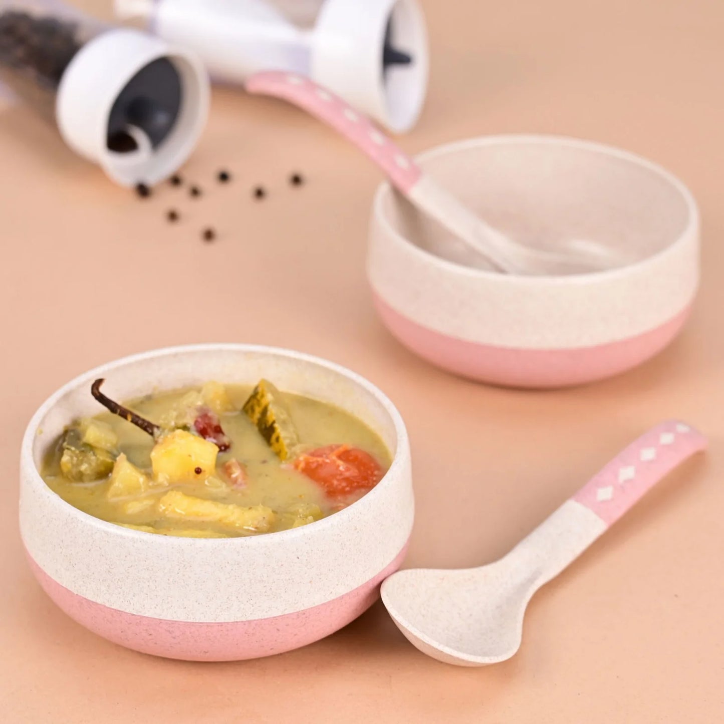 Slurp Set – Eco Soup Bowls with Spoons (250ml) | Set of 2 | Microwave Safe | Made with Rice Husk & Bamboo Fiber